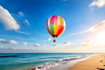 Colorful balloon floating in sky over beach