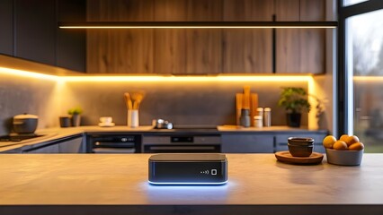 A Smart Home Device in a Futuristic Kitchen Island in a Modern, Well-lit Space. Concept Smart Home Tech, Futuristic Kitchen Island, Modern Space, Well-lit, High-Tech Integration