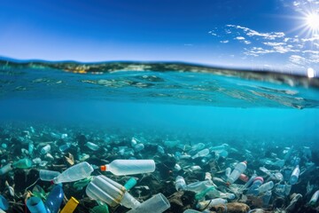 Obraz premium Presence of plastic trash in ocean represents grave environmental concern. Severe environmental threat of plastic trash in ocean critical issue jeopardising marine life with ecosystems