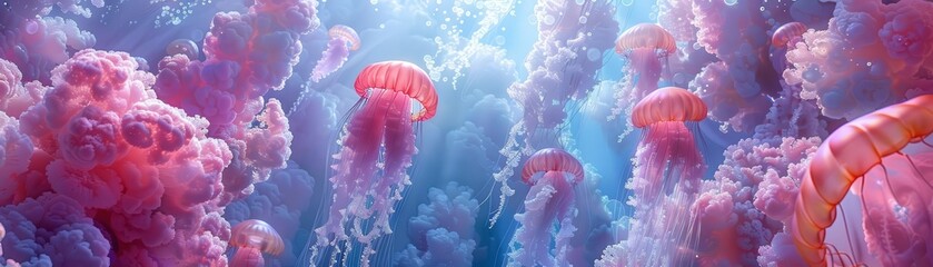 A beautiful and mesmerizing underwater scene featuring a group of jellyfish. The jellyfish are of various sizes and colors, and they are all swimming gracefully through the water.
