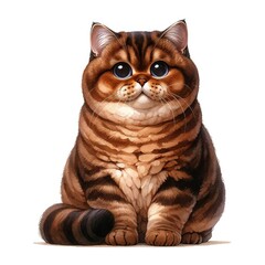 Watercolor painting of a fat cute cat on a white background, Brown and White cat, Brown cat.