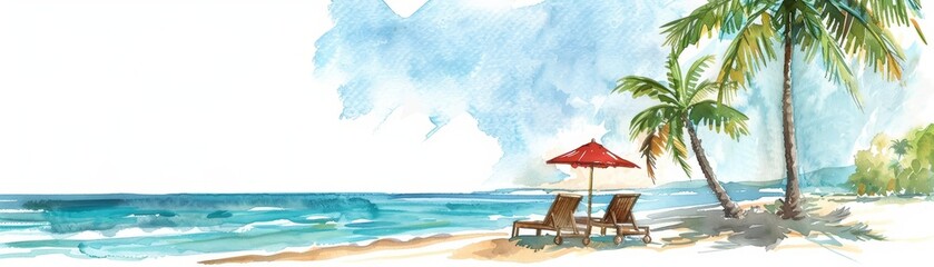 Watercolor of a tranquil beach setting evoking a holiday mood in vintage styles, clipart watercolor easy detail on white background