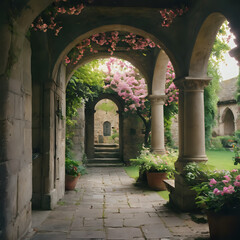 Fototapeta premium a stone walkway with flowers growing on it