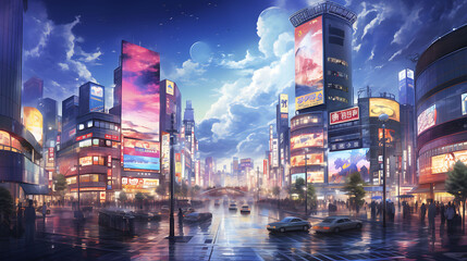 Generate a watercolor background with a night scene of a busy Tokyo intersection, illuminated by neon lights and billboards
