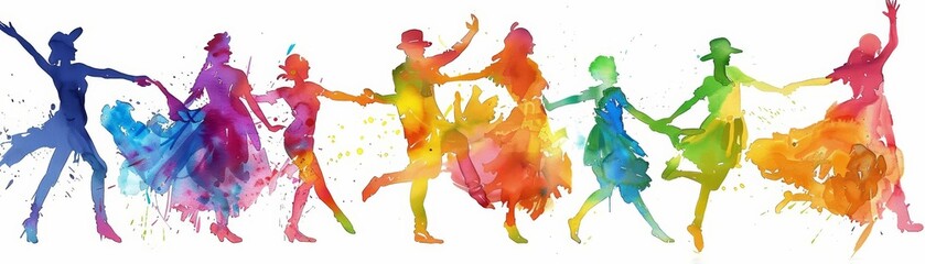 Watercolor of festival showing a lively dance performance in vintage styles, clipart watercolor easy detail on white background