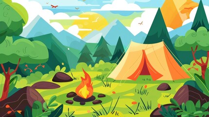 A tent pitched in the middle of a forest with a campfire burning nearby - obrazy, fototapety, plakaty