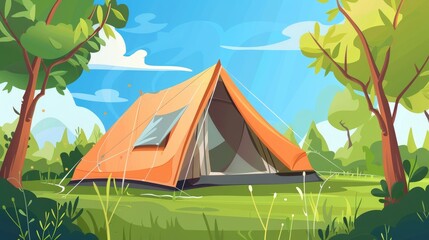 A single tent pitched in a sunny forest clearing - obrazy, fototapety, plakaty