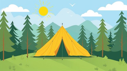 A vibrant yellow tent set against a backdrop of green pines and mountains