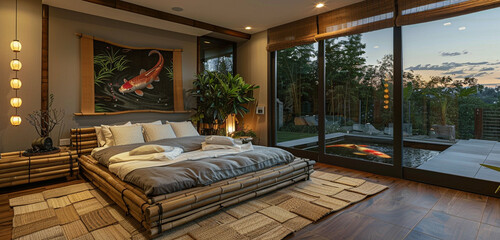 A zen-inspired master bedroom offering a tranquil retreat, with a custom bamboo bed frame, soft,...