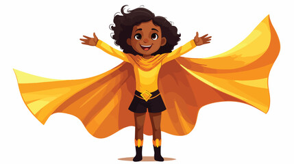 African kid girl in yellow superhero costume standi