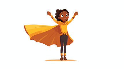 African kid girl in yellow superhero costume standi