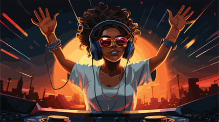 African woman stands in spotlight at DJ console arm