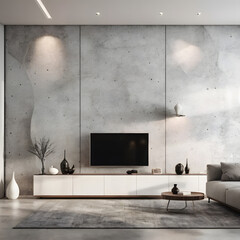 The interior design concept of living room and white abstract art on concrete pattern wall background