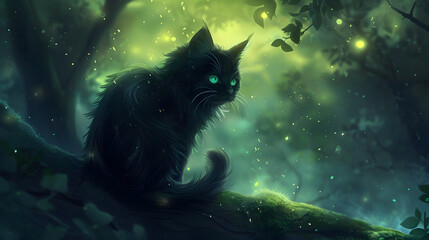 Mystical Black Cat in Enchanted Forest Glowing with Magical Energy