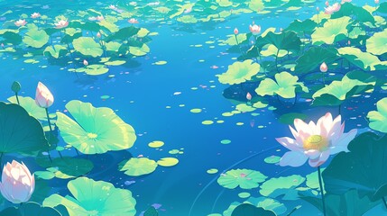 A serene pond surrounded by lotus flowers, their delicate petals floating gracefully on the water's surface.