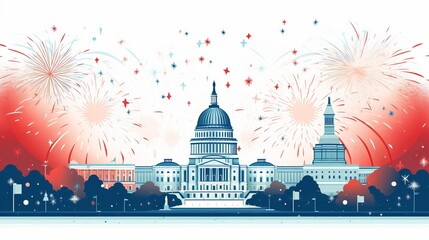 
4th of July independence day Vector illustration with the celebration greeting USA flag waving ribbon bunting decoration famous landmarks balloons flag - Powered by Adobe