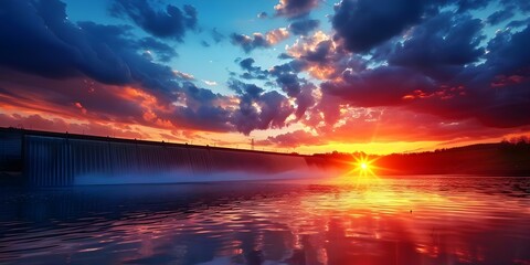 Harnessing Renewable Energy: Sunset at a Hydroelectric Plant. Concept Renewable Energy, Hydroelectric Power, Sunset Photography, Energy Sustainability, Industrial Landscapes