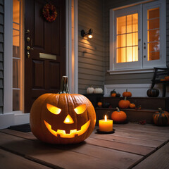 Spooky Halloween decorations with a glowing pumpkin Jack-o-lantern on a wooden background