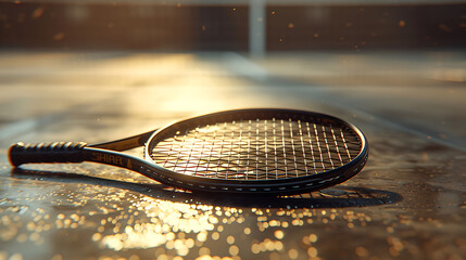 A closeup of Squash racket, against Court as background, hyperrealistic sports accessory...