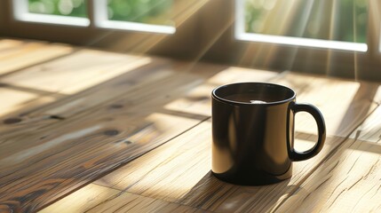 Clean, simple coffee mug on a wooden table with morning sunlight streaming through a nearby window, space on the mug available for logo or text placement