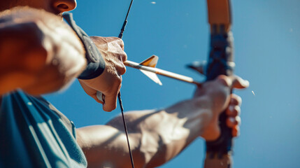 Male archery athlete pulls the arrow on the bow.