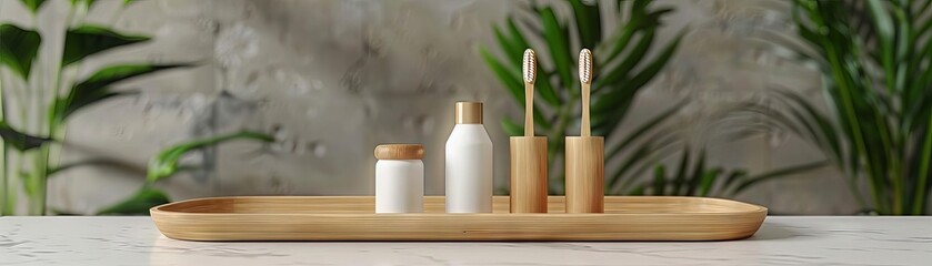 Natural beauty products on a wooden tray. The perfect way to start your day.