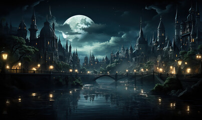 City Night With River Bridge. Generative AI