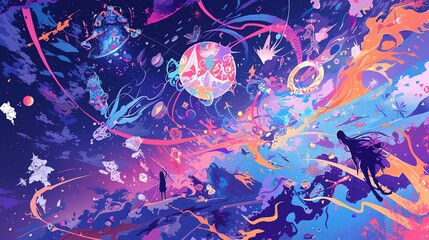 A psychedelic dreamscape of surrealistic imagery and abstract forms. amazing background, anime background