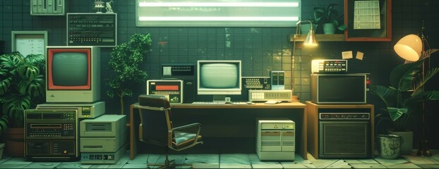 Vintage Cyber Office, Retro-futuristic computer setup from the 90s, Tech nostalgia with a modern twist, AI-enhanced details - obrazy, fototapety, plakaty