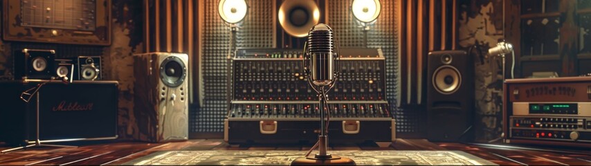 Retro Broadcasting Studio, Vintage microphones and mixing board, Classic radio show setting, Hyper-realistic rendering - obrazy, fototapety, plakaty
