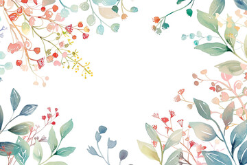 Fototapeta premium watercolor Floral frame with flowers and leaves, flat, pastel blue, pink, green, white background