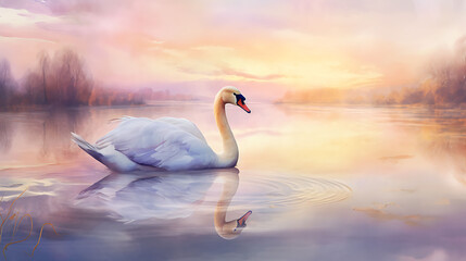 Generate a watercolor background with an elegant swan lake scene at dawn, reflecting the soft pastel colors of the sky