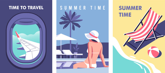 Obraz premium Summer time. Concept of summer party, vacation and travel. Perfect background on the theme of season vacation, weekend, beach. Vector illustration in minimalistic style for posters, cover art, flyer.