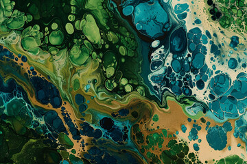 Fototapeta na wymiar An abstract aerial view of a landscape created by blending thick paint splashes in shades of green, blue, and brown, resembling an earthy topography from above, 