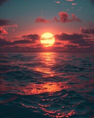 A sun that sets not below the horizon, but into the ocean, cooling its fiery path, professional color grading,soft shadowns
