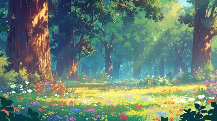 A dreamy forest scene with towering trees and delicate woodland flowers carpeting the forest floor, anime landscape background