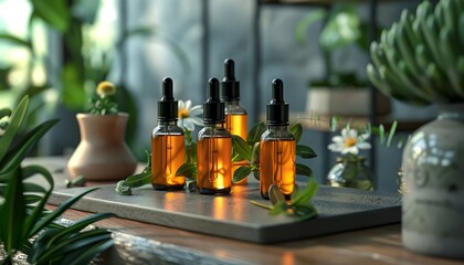 cosmeceutical concept, oil bottles with pipette on plants background, template, mock up, mockup, copy space - obrazy, fototapety, plakaty