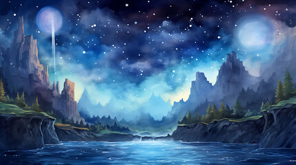 Generate a watercolor background depicting a surreal landscape with floating islands, waterfalls, and a clear, starry night sky