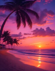 Fototapeta na wymiar Beautiful sunset tropical beach with palm tree and pink sky for travel and vacation in holiday relax time 