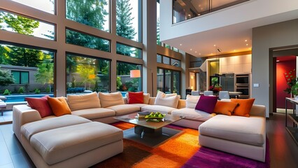 Modern living room with designer furniture high ceilings and elegant decor. Concept Modern Living Room Design, Designer Furniture, High Ceilings, Elegant Decor
