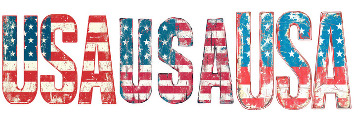 Set of USA featuring a worn American flag showing shades of red, white and blue. flag motif in text, shabby texture effect, patriotic colors. Isolated on transparent background. 4th of july usa design