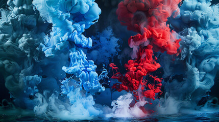 An abstract artwork featuring clouds of blue and red inks exploding in water, set against an...