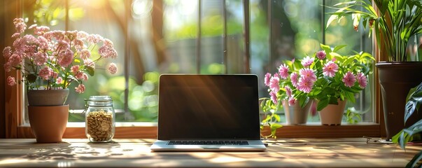 Laptop on a wooden table in a sunlit room. Flowers in pots and a jar of nuts on the table. Blurred background of a window and greenery. The laptop is open and blank.