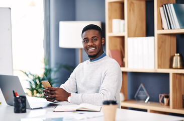 Black man, smile and portrait with smartphone in office for web design, online project or social...
