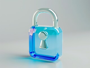 A blue lock with a key on a white surface. - obrazy, fototapety, plakaty