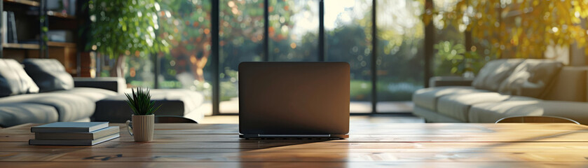 A sleek laptop sits on a wooden table in a modern home. The laptop is open and displaying a blank screen.