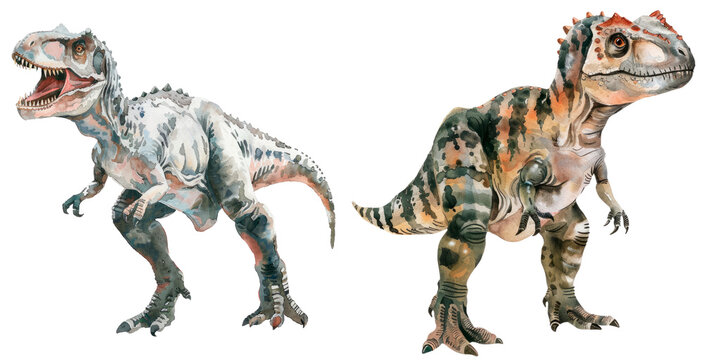 Set of watercolor carnotaurus, isolated on transparent background
