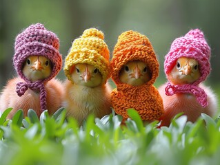 Four chickens wearing knitted hats in the grass. - obrazy, fototapety, plakaty