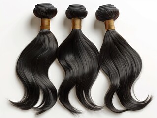 Three bundles of black hair on a white background. - obrazy, fototapety, plakaty