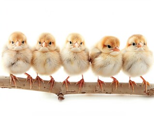 Five baby chickens sitting on a branch. - obrazy, fototapety, plakaty